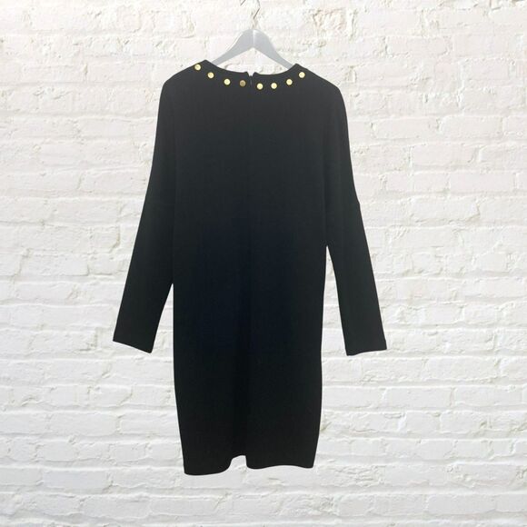 Nina Patrick Sweater Dress L Wool Blend Gold Snap Detail Black Vintage - Picture 3 of 13